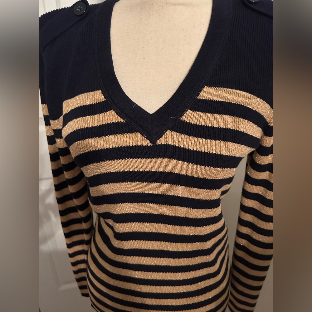 Ralph Lauren LRL Navi blue and metallic gold stripe V neck top Medium